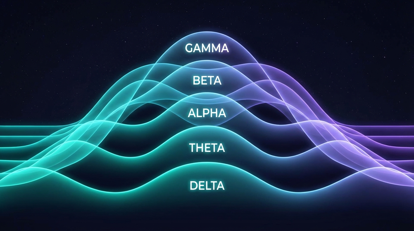 Layered wave bands labeled by brainwave state