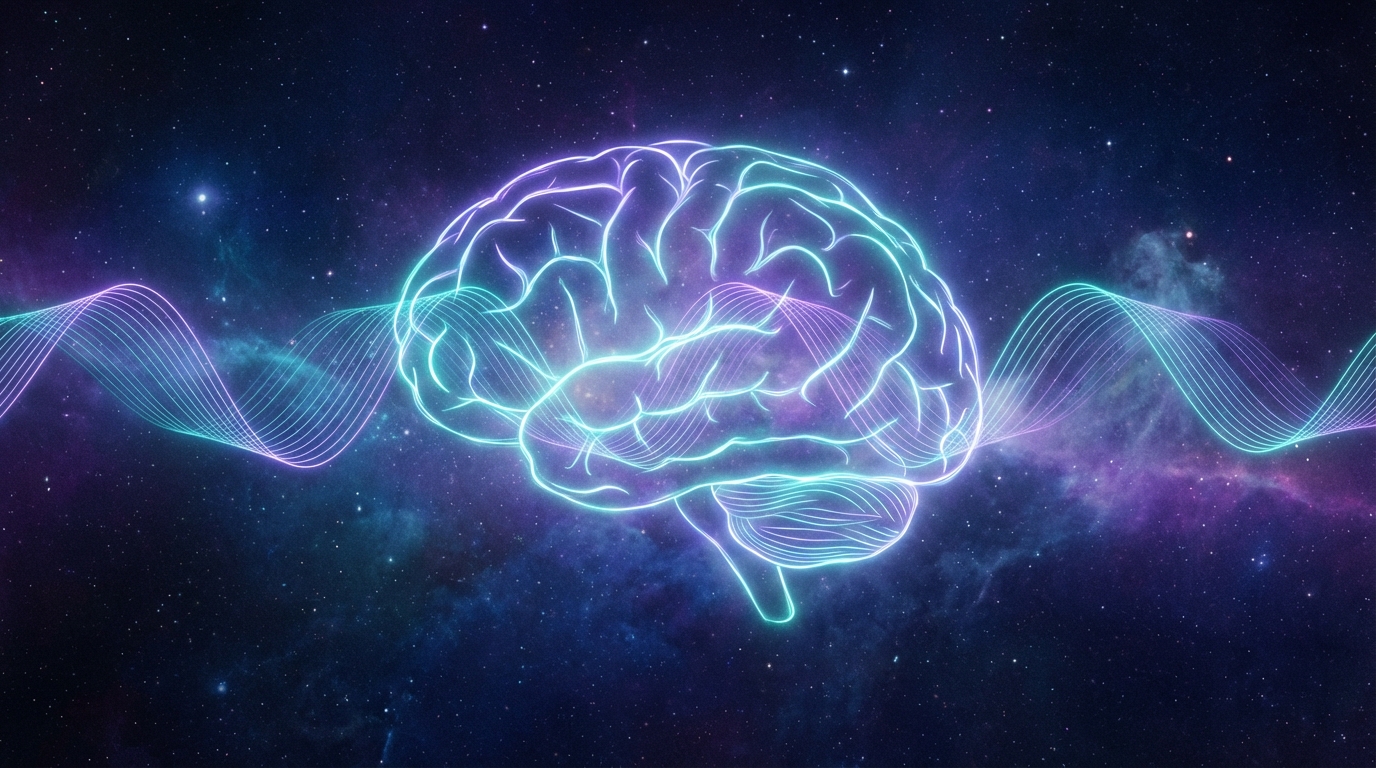 Abstract waveforms merging into a glowing brain