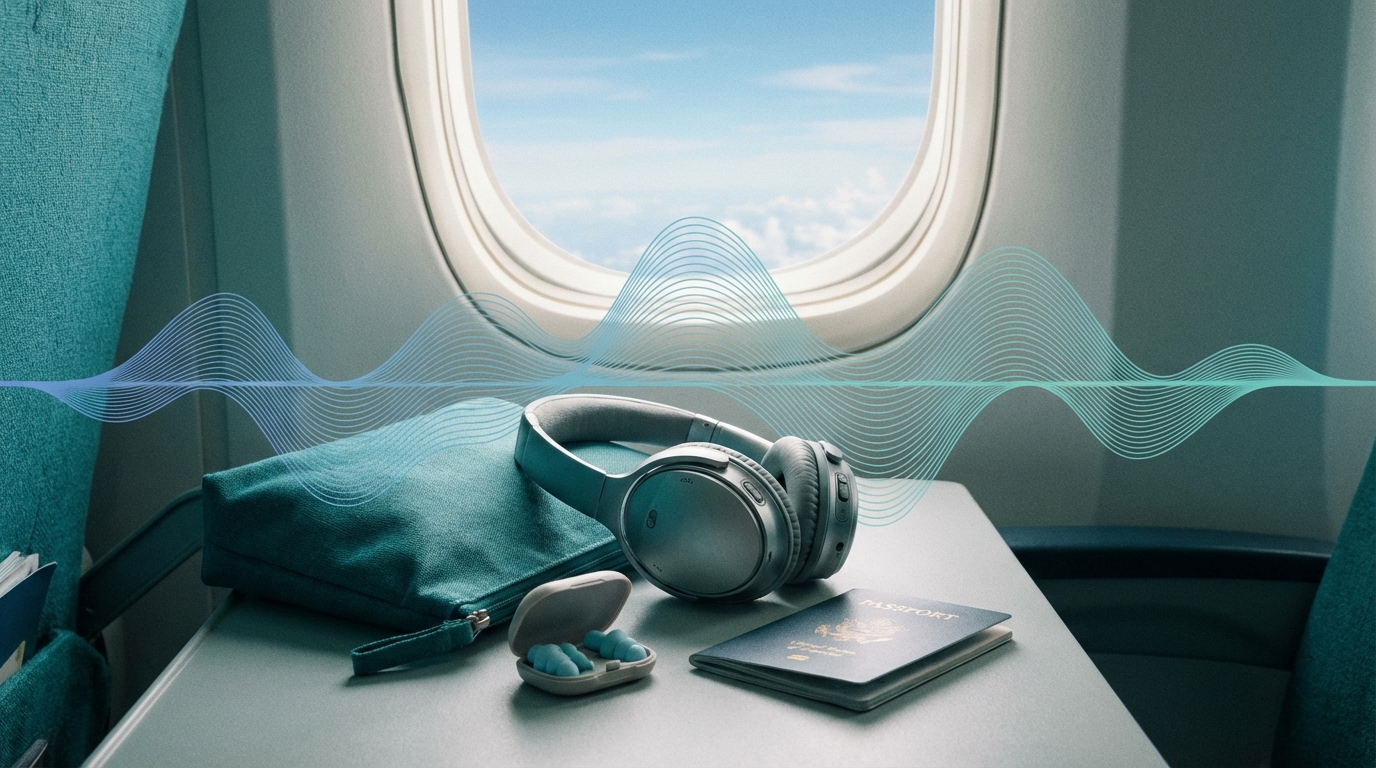 Travel kit with headphones and passport